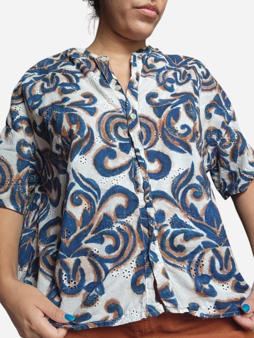 Johanna Blue and Brown Cotton Top